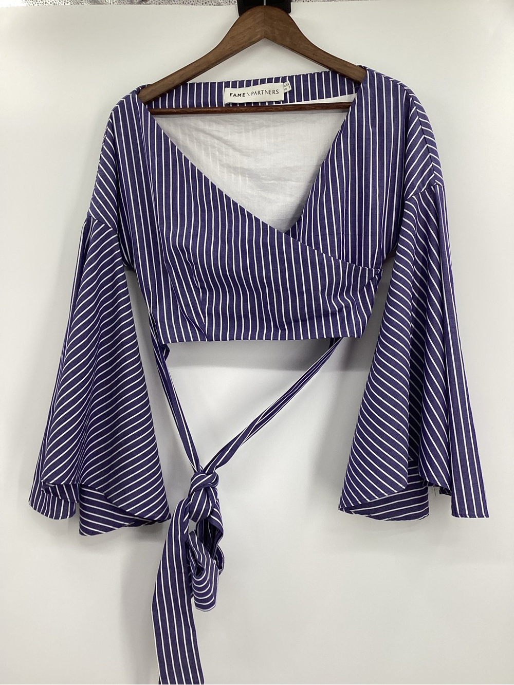 Fame and Partners Blue and White Striped Faux Wrap Crop Top